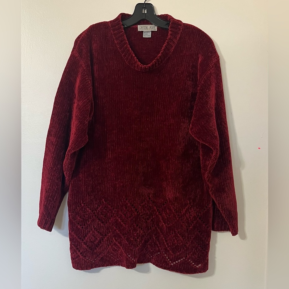 Crystal Kobe Burgundy Chenille Cottagecore Sweater Lace Hem Cozy Boho Vintage